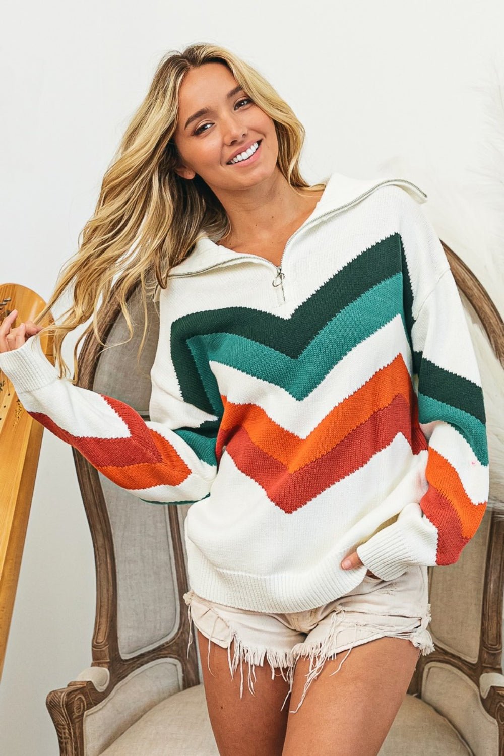 BiBi Multi Color Chevron Pattern Sweater - Otter