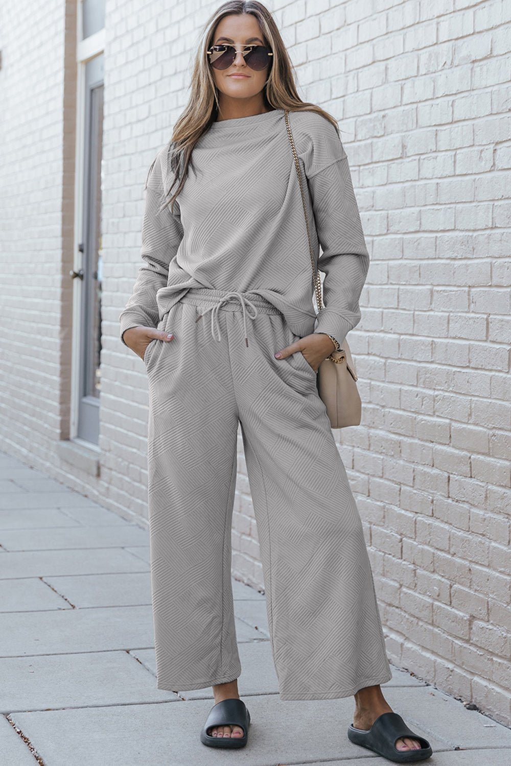 Double Take Full Size Textured Long Sleeve Top and Drawstring Pants Set - Otter