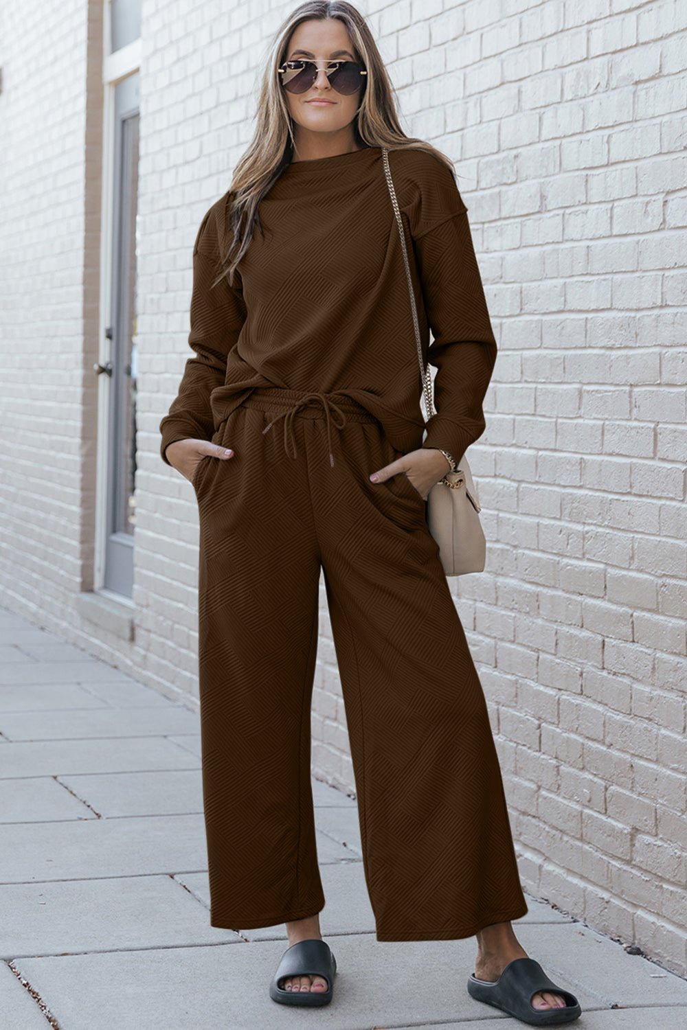 Double Take Full Size Textured Long Sleeve Top and Drawstring Pants Set - Otter