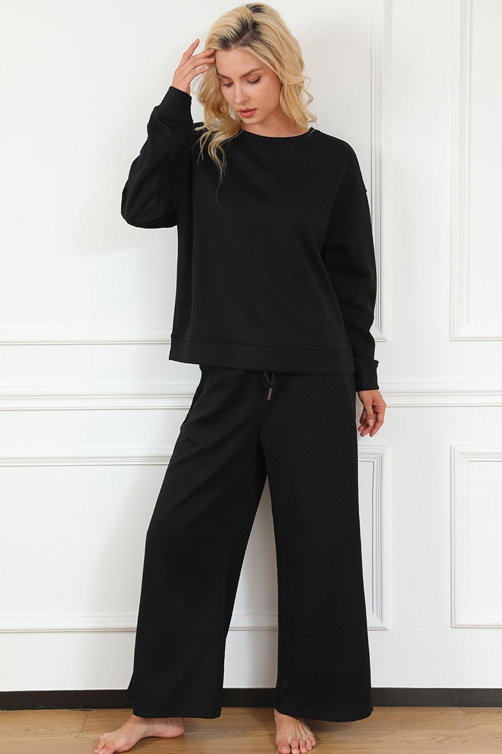 Double Take Full Size Textured Long Sleeve Top and Drawstring Pants Set - Otter