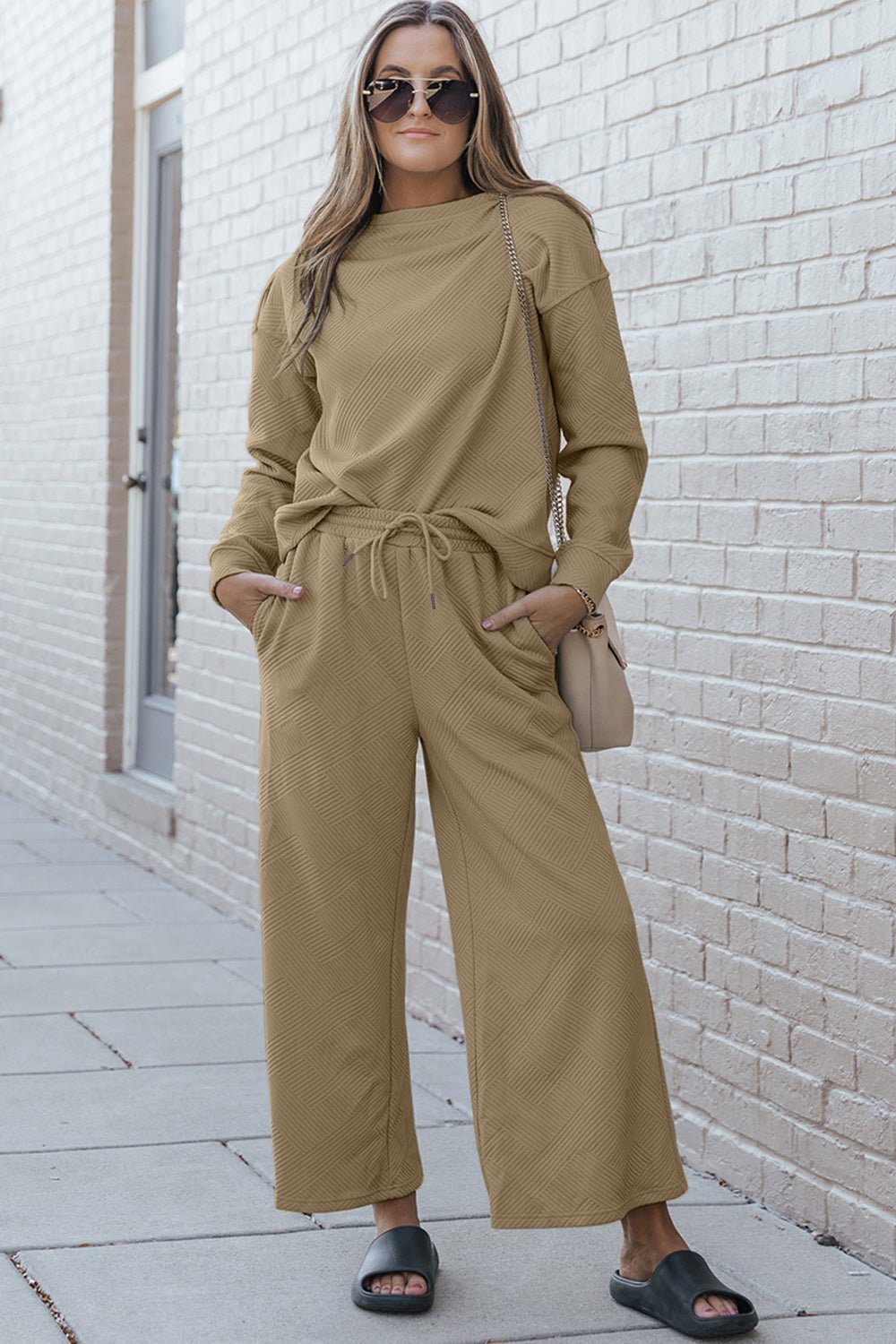 Double Take Full Size Textured Long Sleeve Top and Drawstring Pants Set - Otter