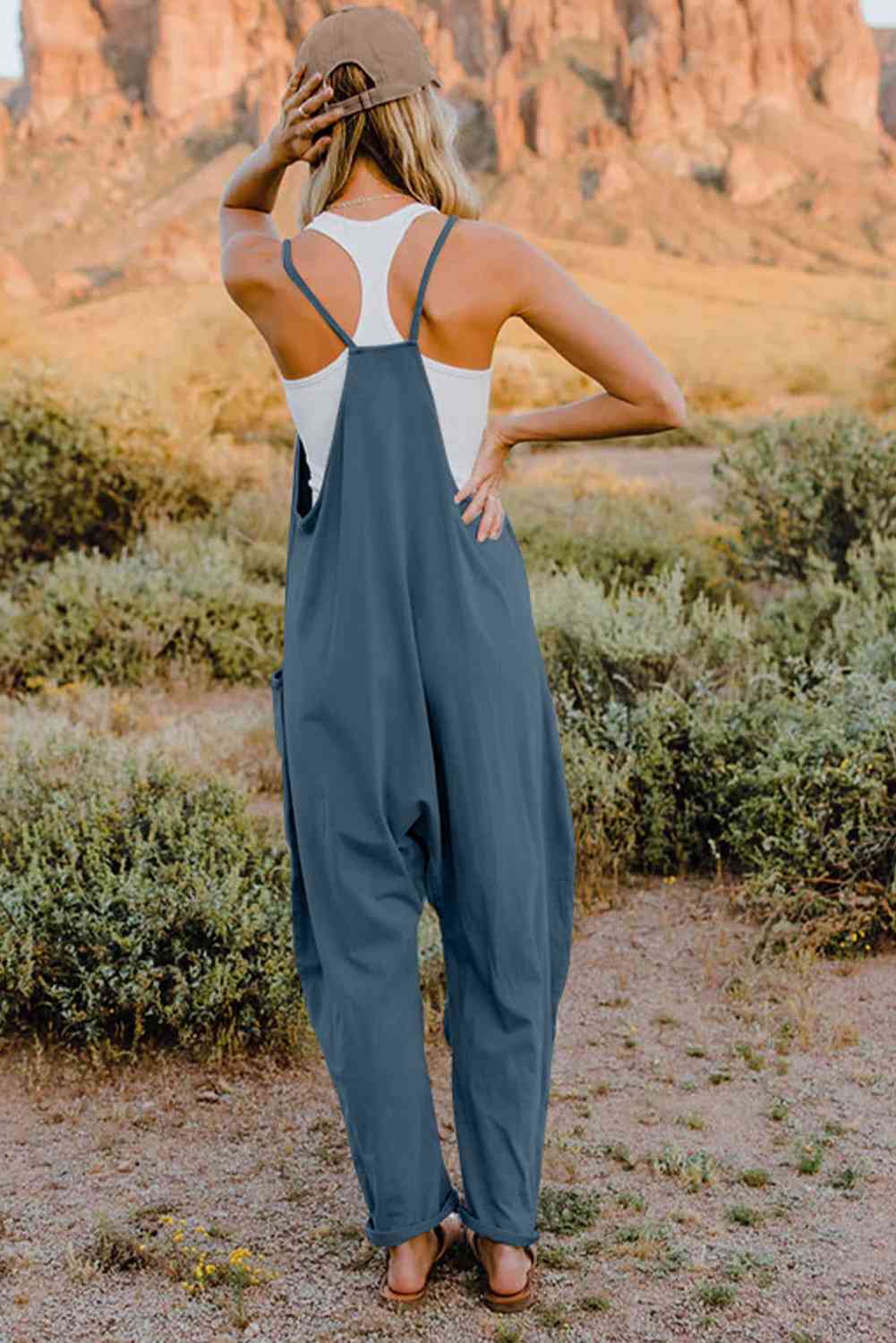 Double Take V - Neck Sleeveless Jumpsuit with Pocket - Otter