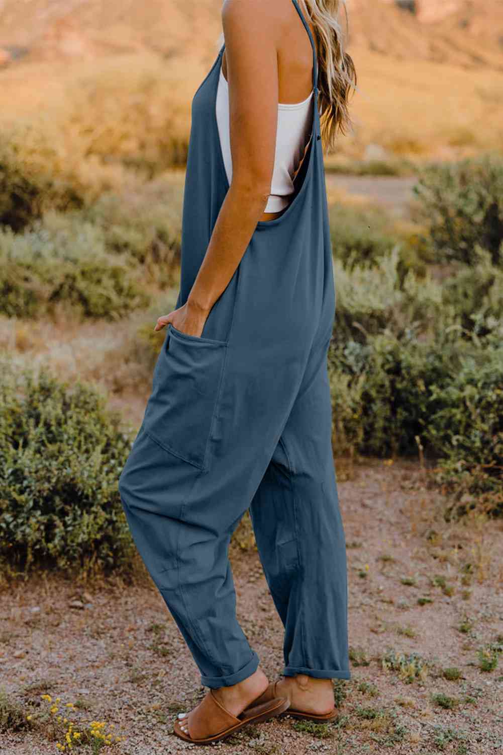 Double Take V - Neck Sleeveless Jumpsuit with Pocket - Otter