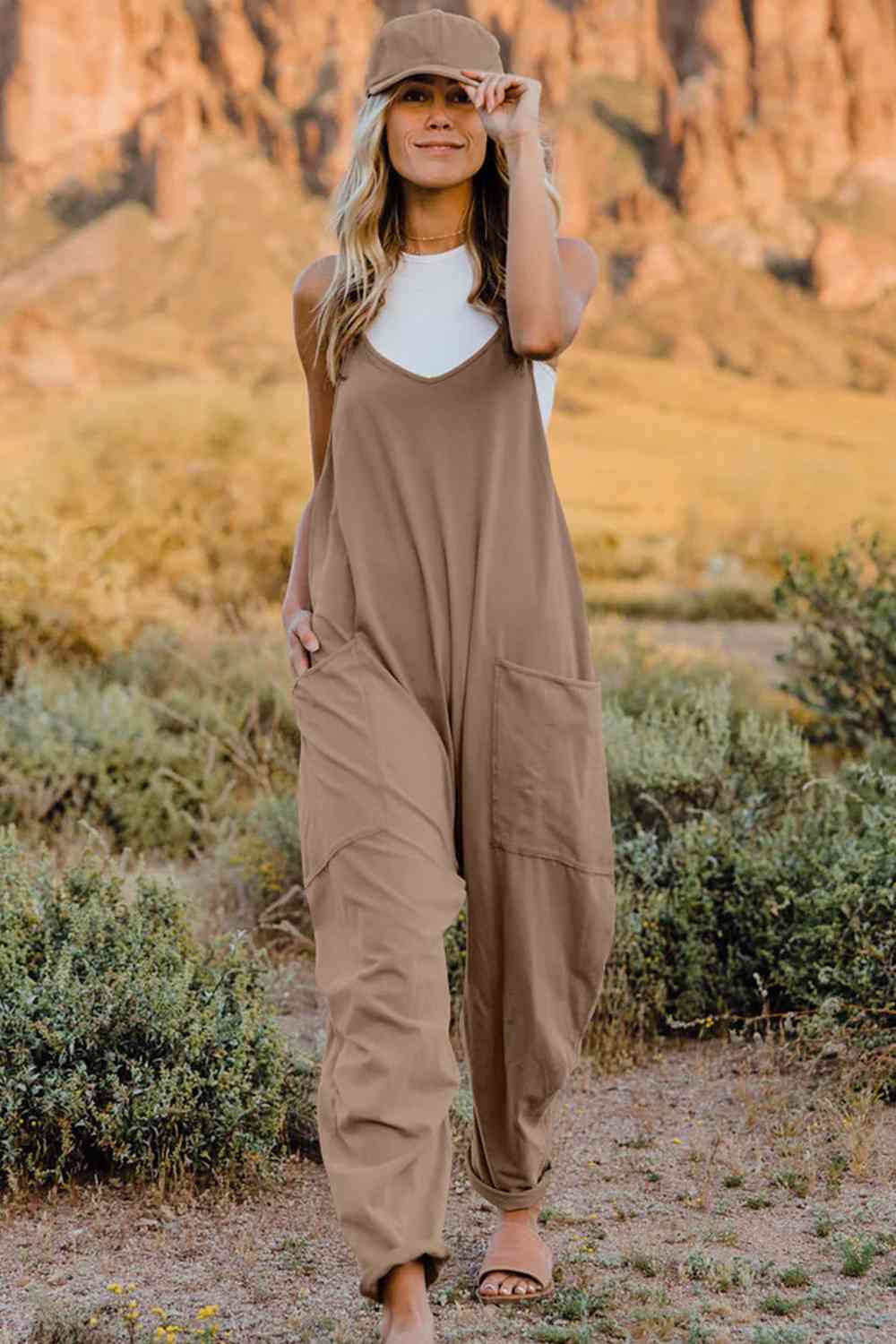 Double Take V - Neck Sleeveless Jumpsuit with Pocket - Otter