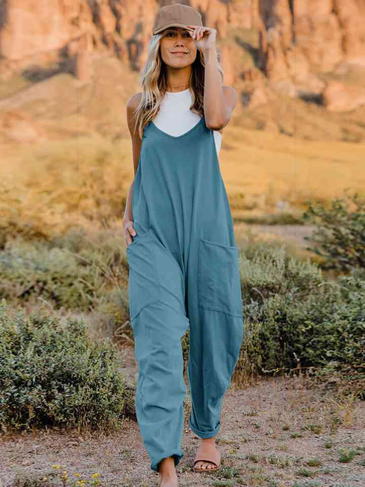 Double Take V - Neck Sleeveless Jumpsuit with Pocket - Otter