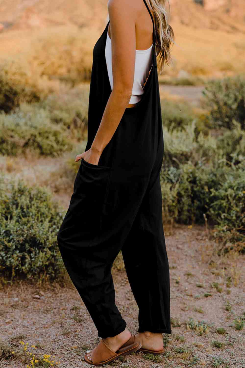 Double Take V - Neck Sleeveless Jumpsuit with Pocket - Otter