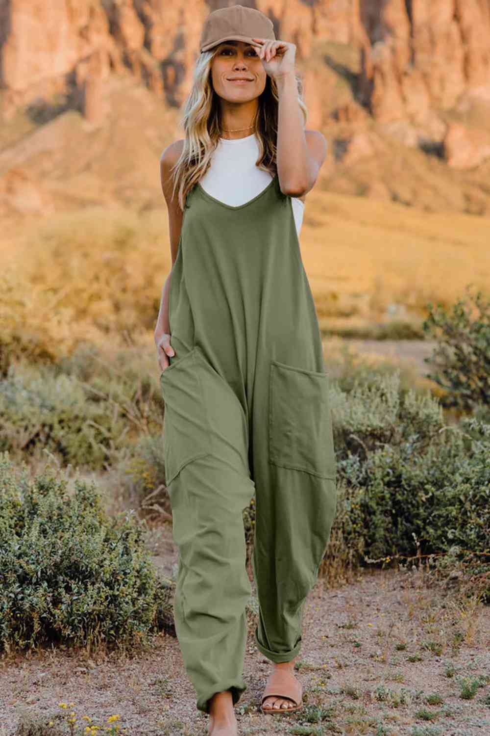 Double Take V - Neck Sleeveless Jumpsuit with Pocket - Otter