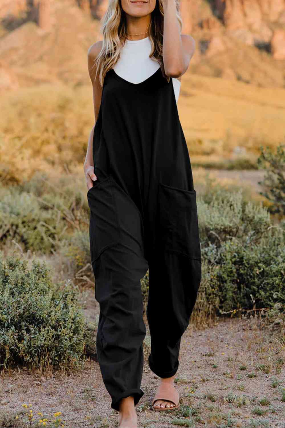 Double Take V - Neck Sleeveless Jumpsuit with Pocket - Otter