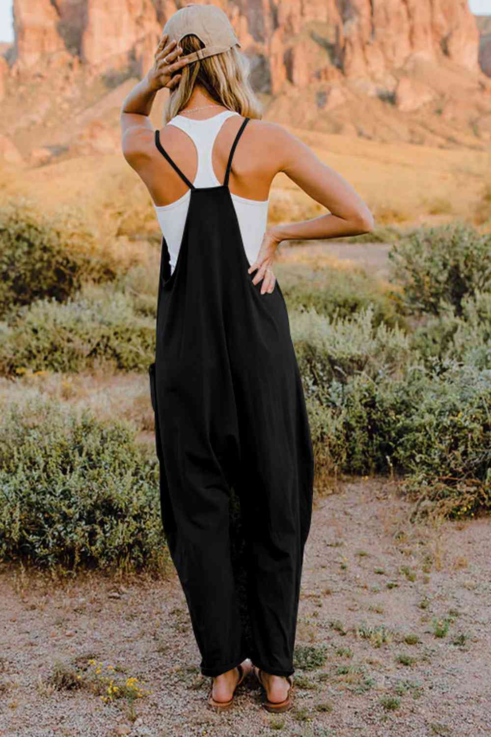 Double Take V - Neck Sleeveless Jumpsuit with Pocket - Otter