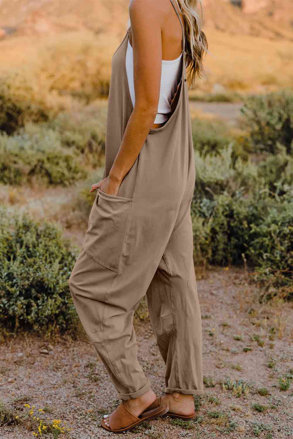 Double Take V - Neck Sleeveless Jumpsuit with Pocket - Otter