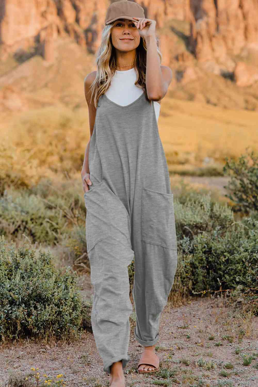 Double Take V - Neck Sleeveless Jumpsuit with Pocket - Otter