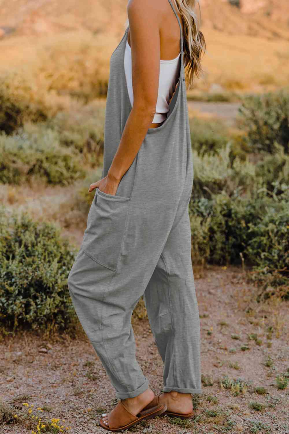 Double Take V - Neck Sleeveless Jumpsuit with Pocket - Otter