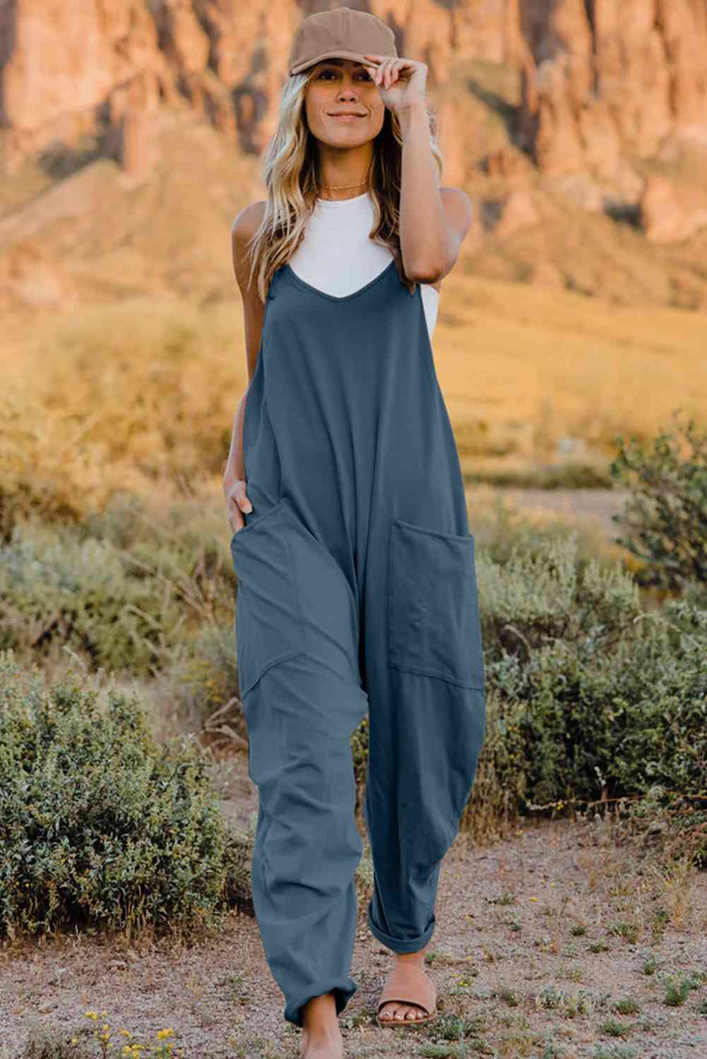 Double Take V - Neck Sleeveless Jumpsuit with Pocket - Otter