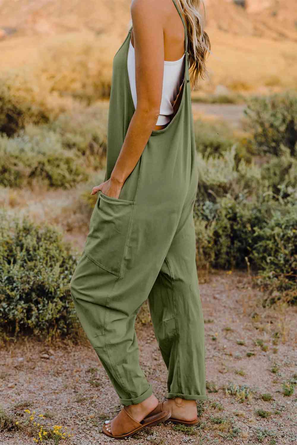 Double Take V - Neck Sleeveless Jumpsuit with Pocket - Otter