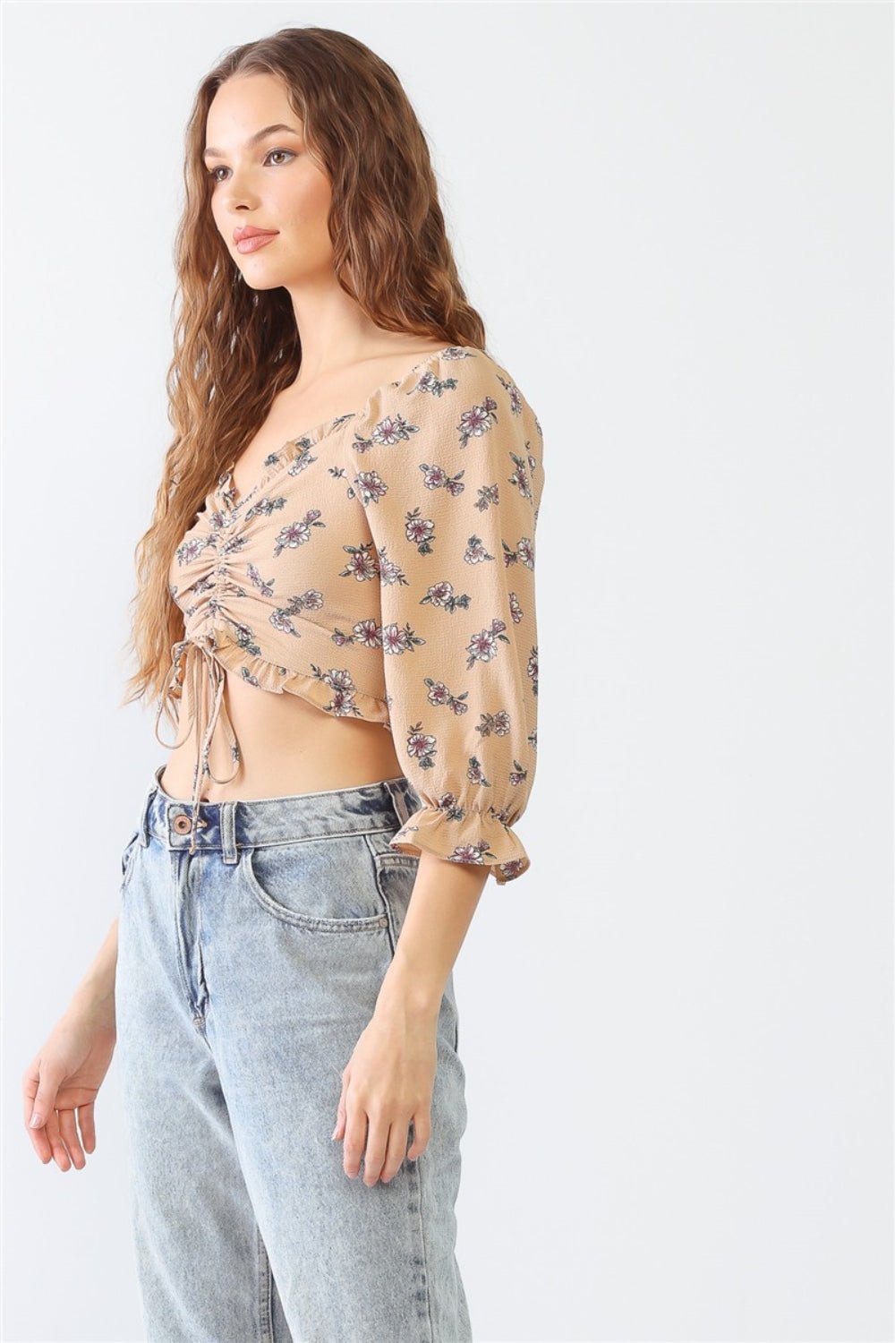 Miss Love / Kevin Co. Floral Ruffle Smocked Back Ruched Crop Top - Otter