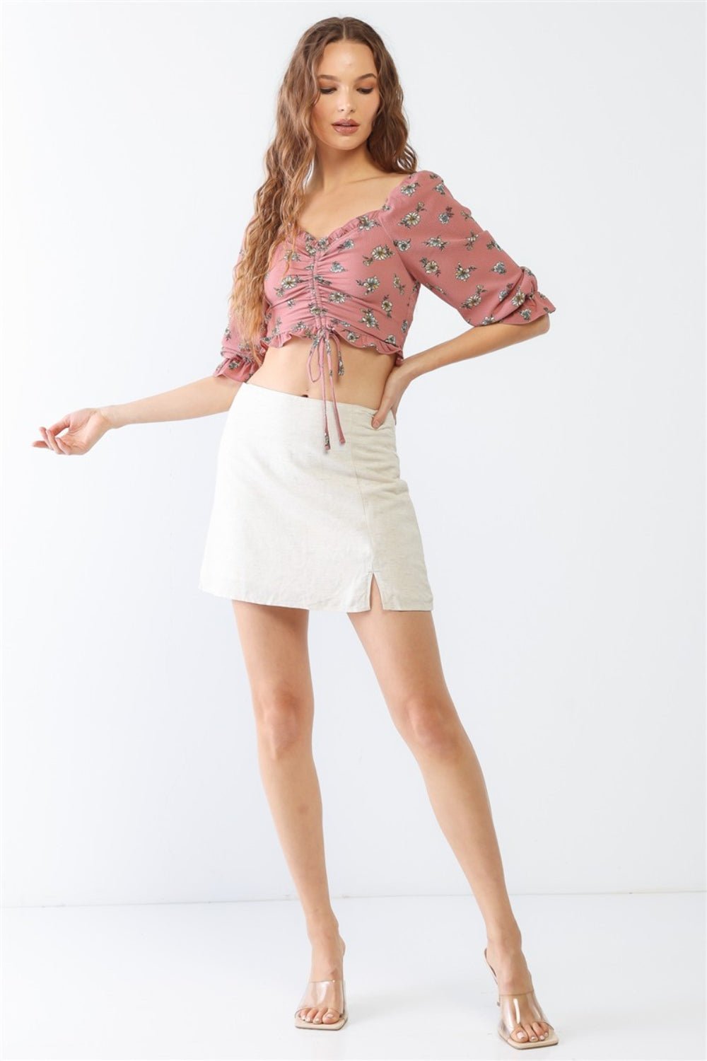 Miss Love / Kevin Co. Floral Ruffle Smocked Back Ruched Crop Top - Otter