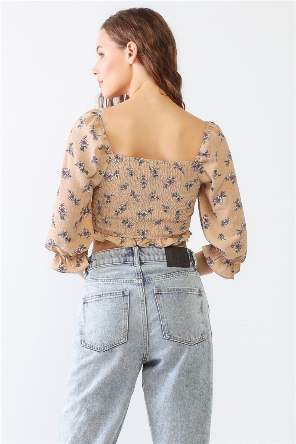 Miss Love / Kevin Co. Floral Ruffle Smocked Back Ruched Crop Top - Otter