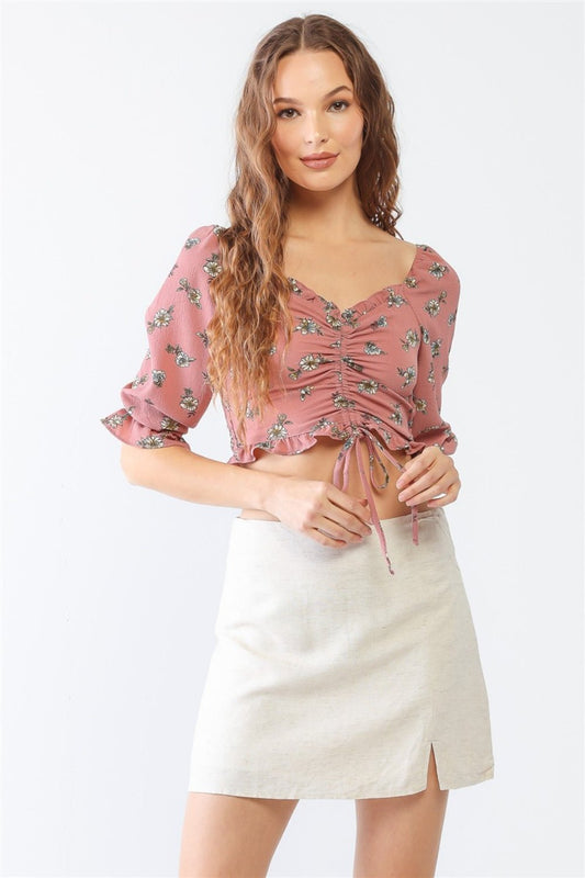 Miss Love / Kevin Co. Floral Ruffle Smocked Back Ruched Crop Top - Otter