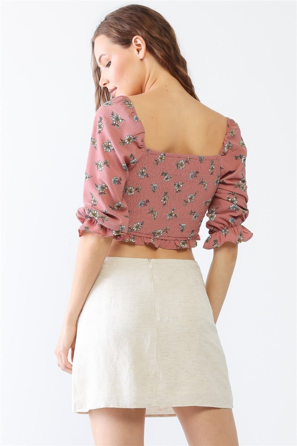 Miss Love / Kevin Co. Floral Ruffle Smocked Back Ruched Crop Top - Otter