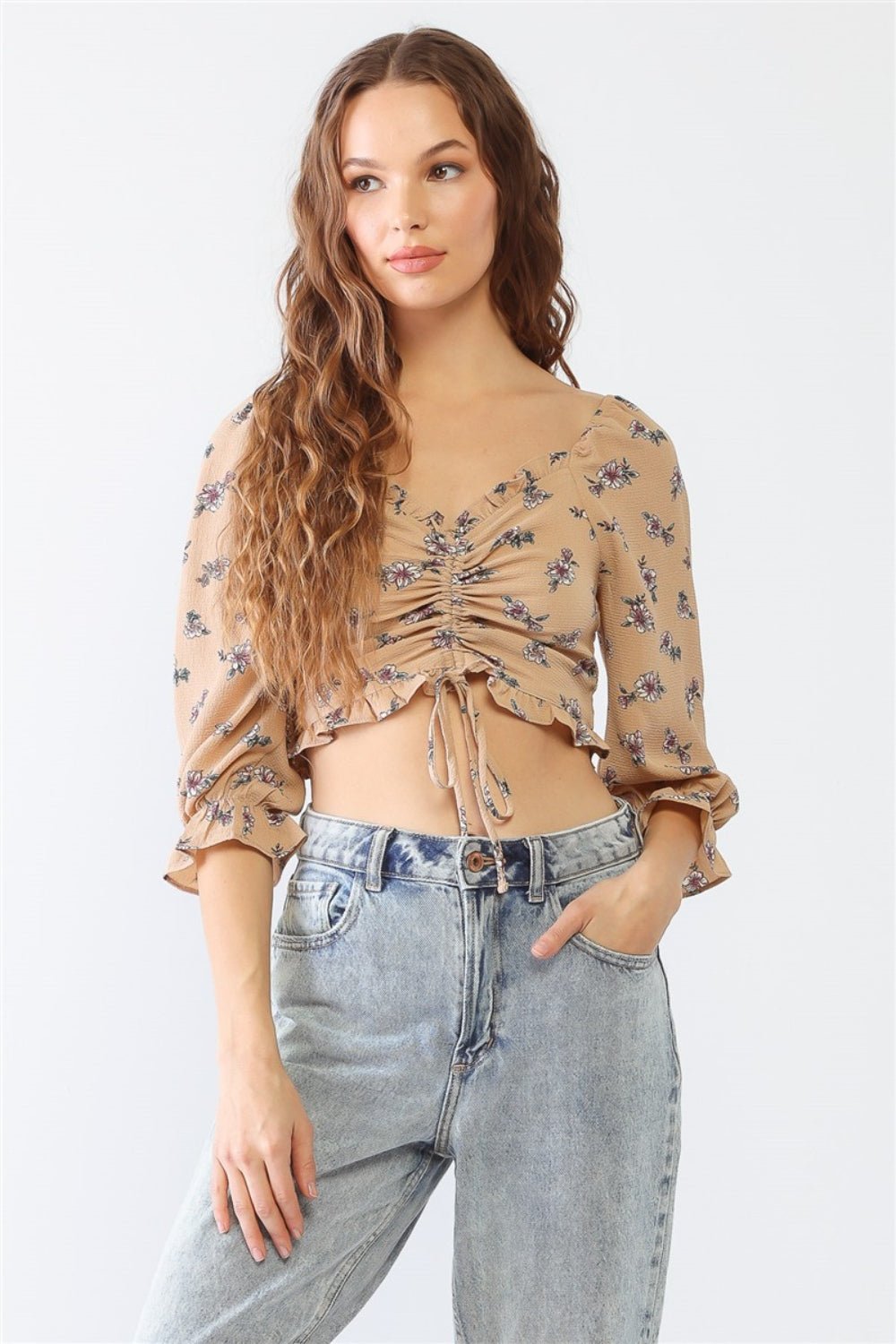 Miss Love / Kevin Co. Floral Ruffle Smocked Back Ruched Crop Top - Otter