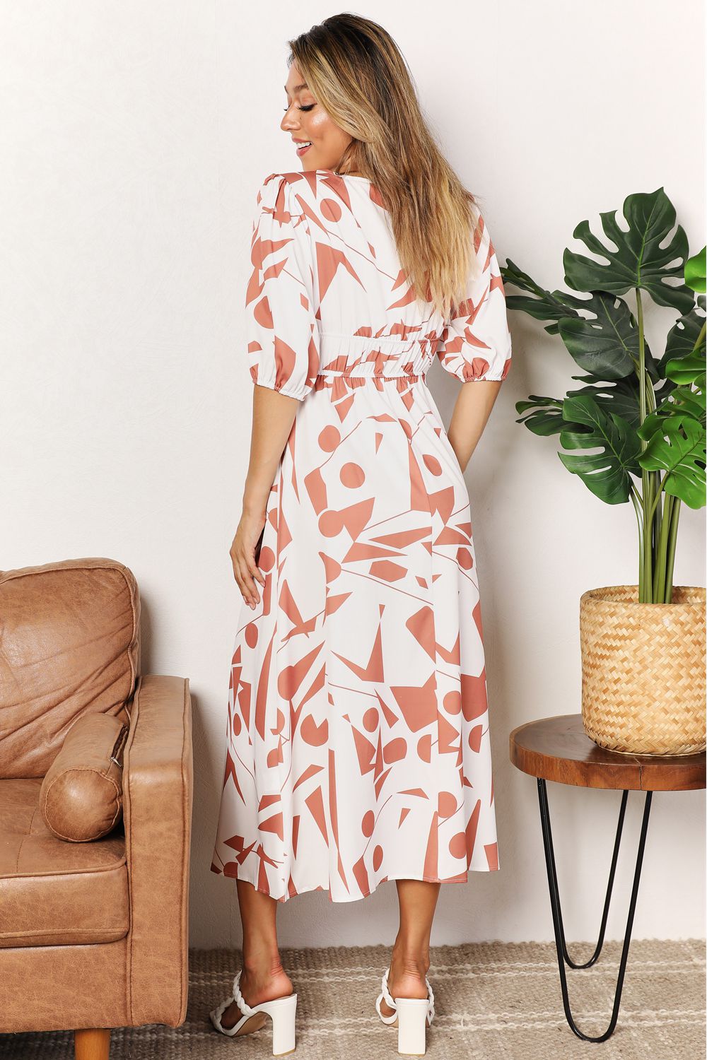 Printed Surplice Balloon Sleeve Dress - Otter