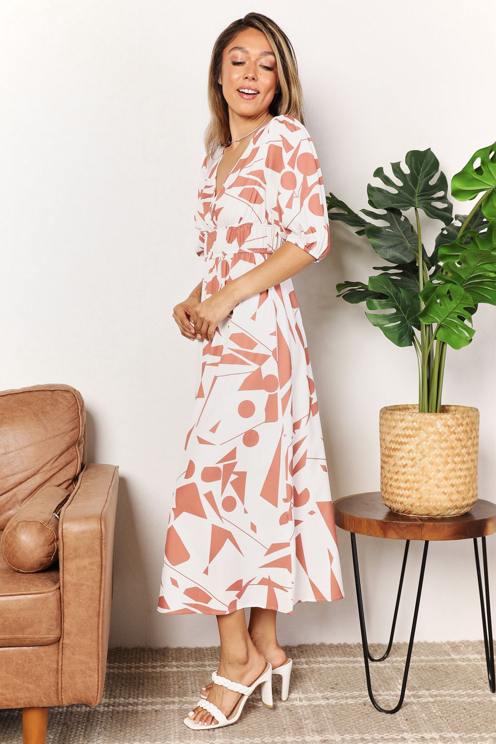 Printed Surplice Balloon Sleeve Dress - Otter