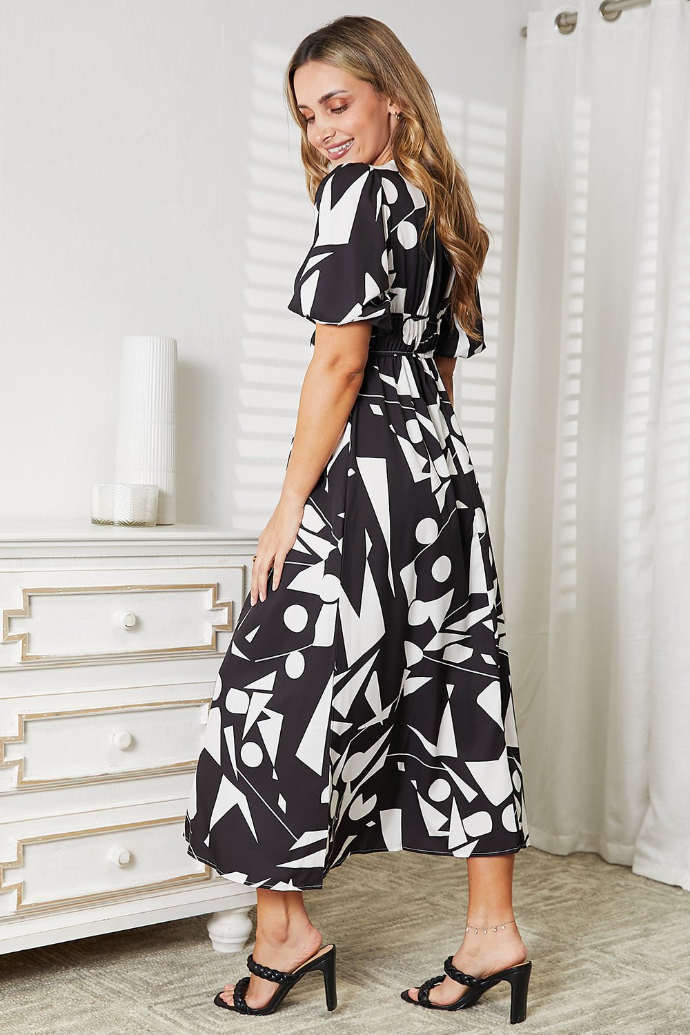 Printed Surplice Balloon Sleeve Dress - Otter