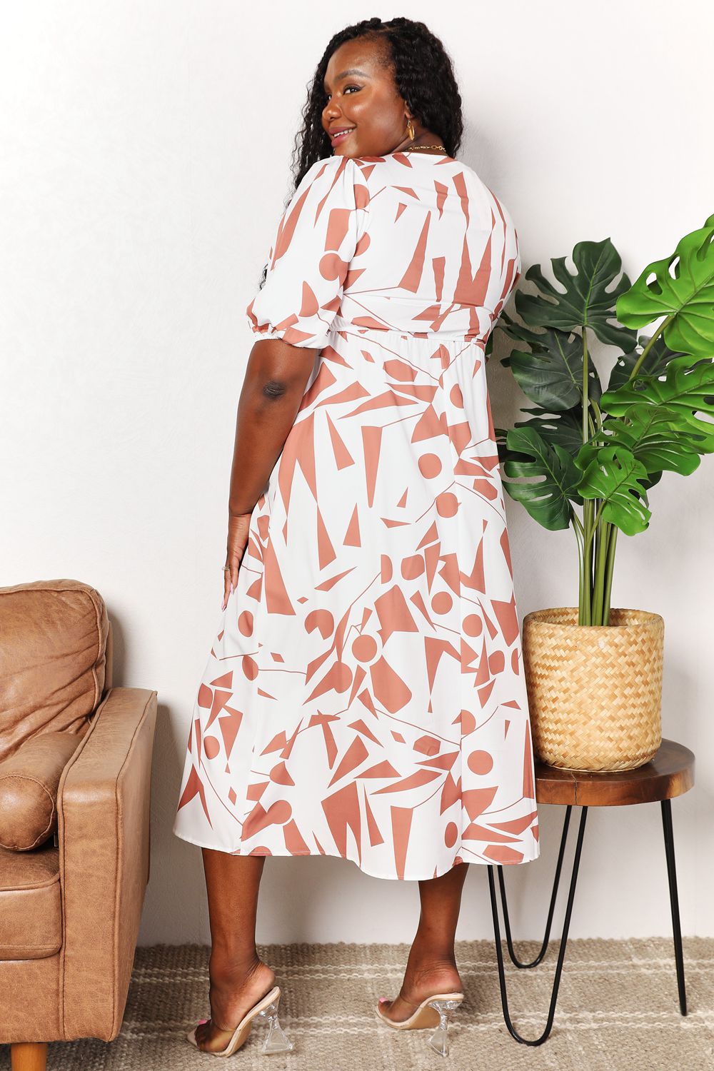 Printed Surplice Balloon Sleeve Dress - Otter