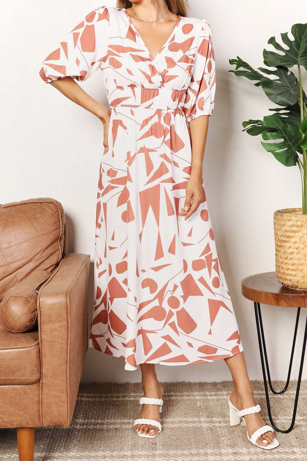 Printed Surplice Balloon Sleeve Dress - Otter