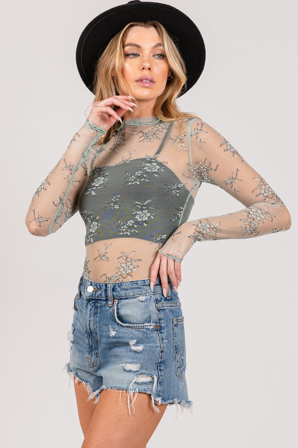 SAGE + FIG Mesh Long Sleeve Sheer Floral Embroidery Top - Otter