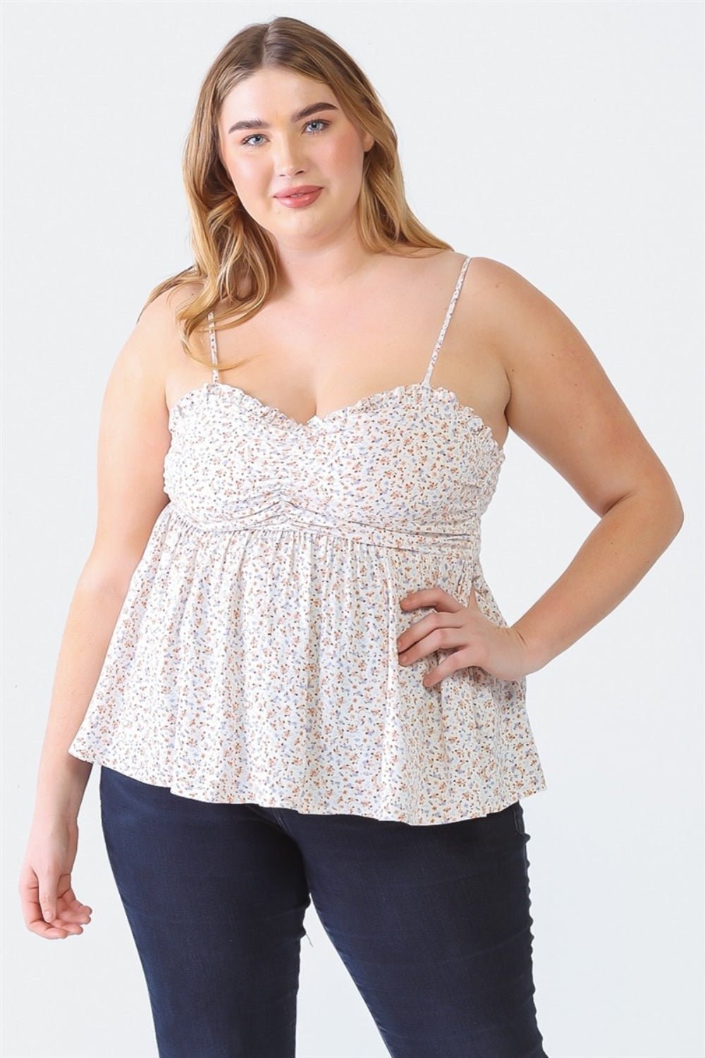 Zenobia Plus Size Frill Smocked Floral Sweetheart Neck Cami - Otter