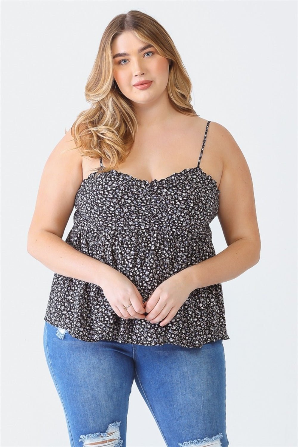 Zenobia Plus Size Frill Smocked Floral Sweetheart Neck Cami - Otter