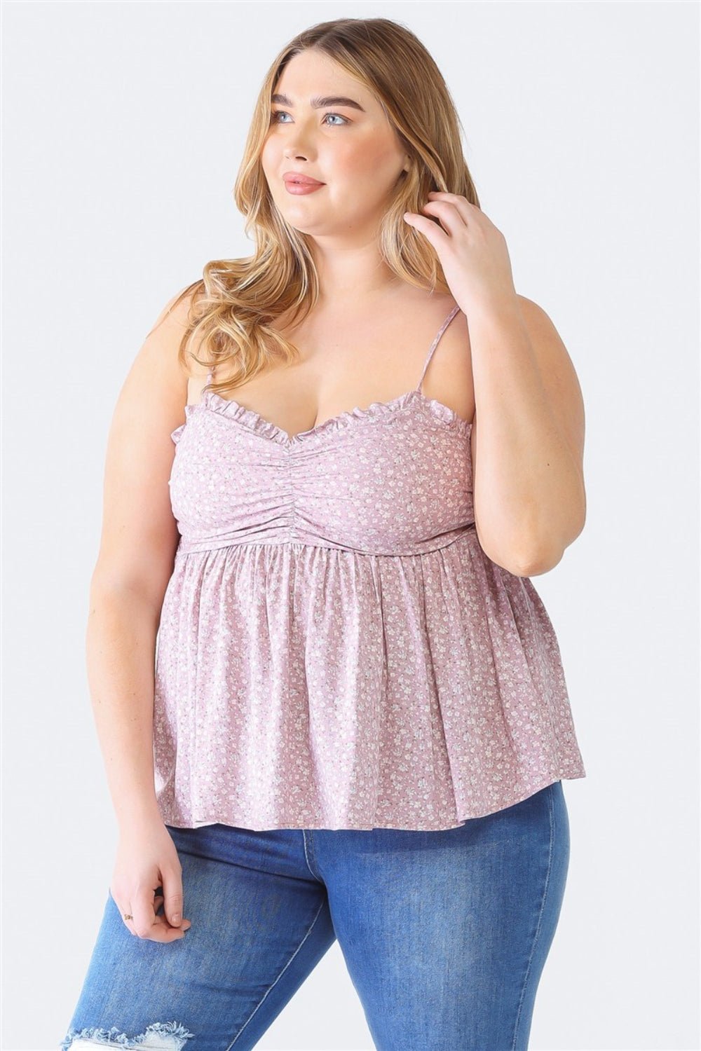 Zenobia Plus Size Frill Smocked Floral Sweetheart Neck Cami - Otter