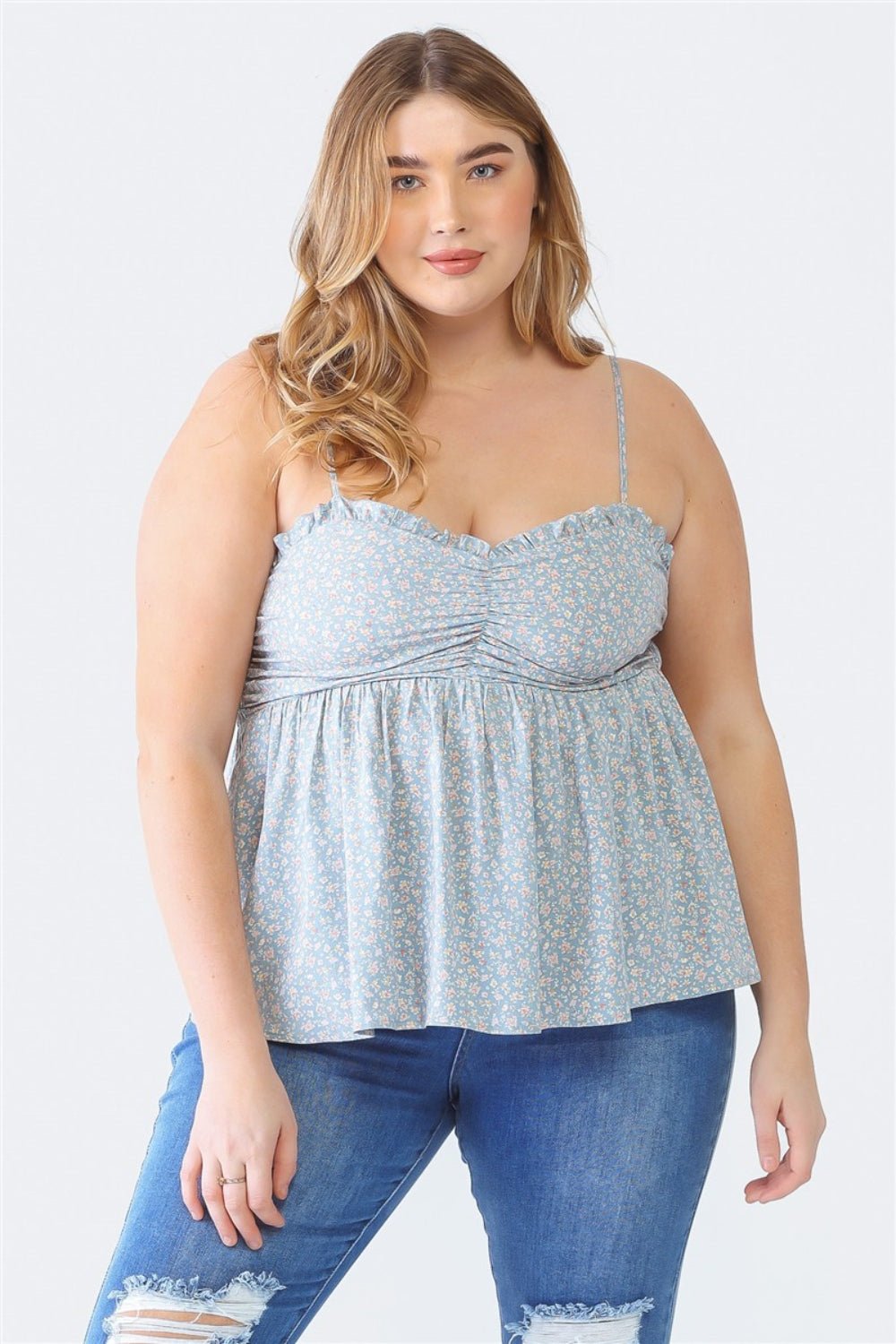 Zenobia Plus Size Frill Smocked Floral Sweetheart Neck Cami - Otter