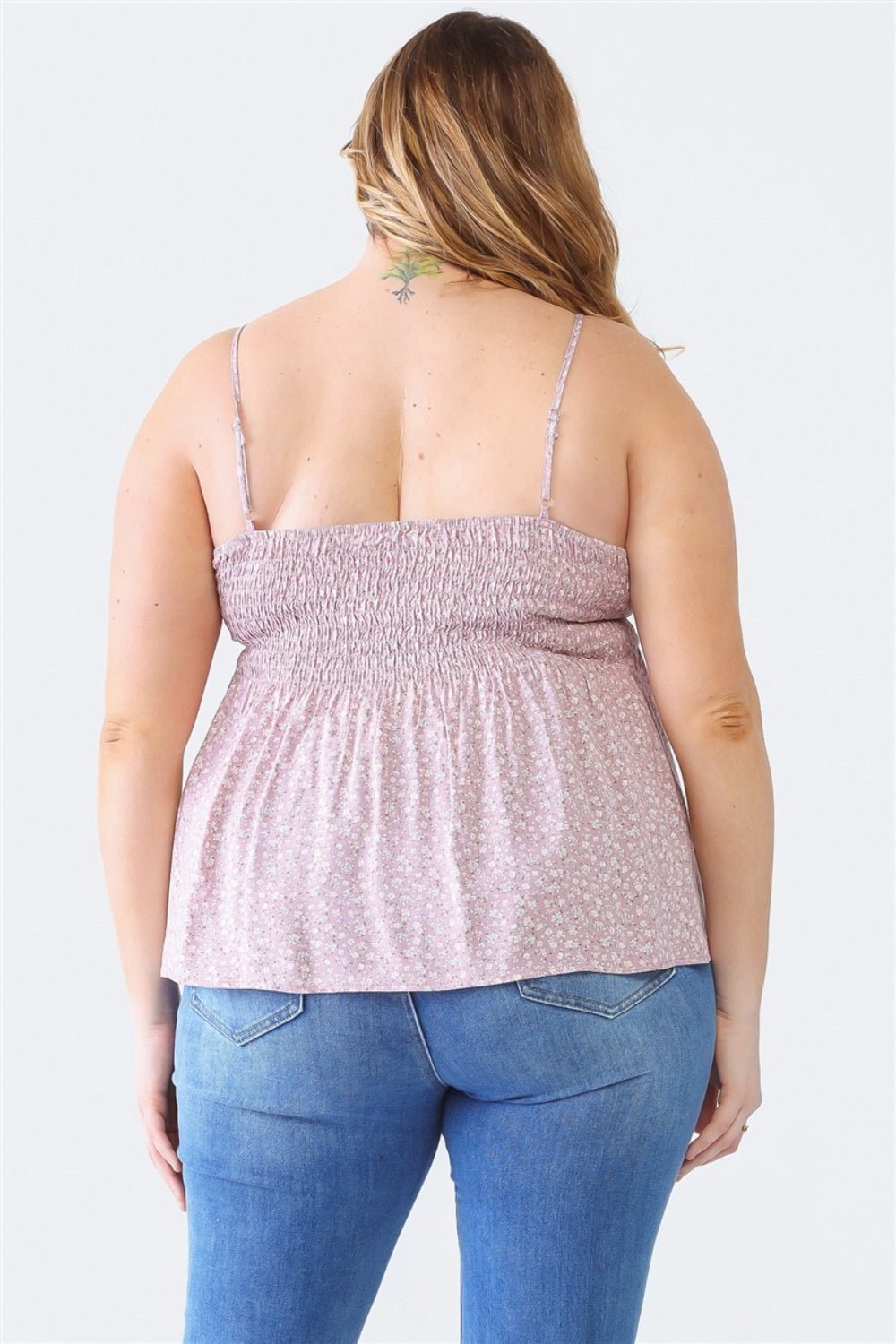 Zenobia Plus Size Frill Smocked Floral Sweetheart Neck Cami - Otter