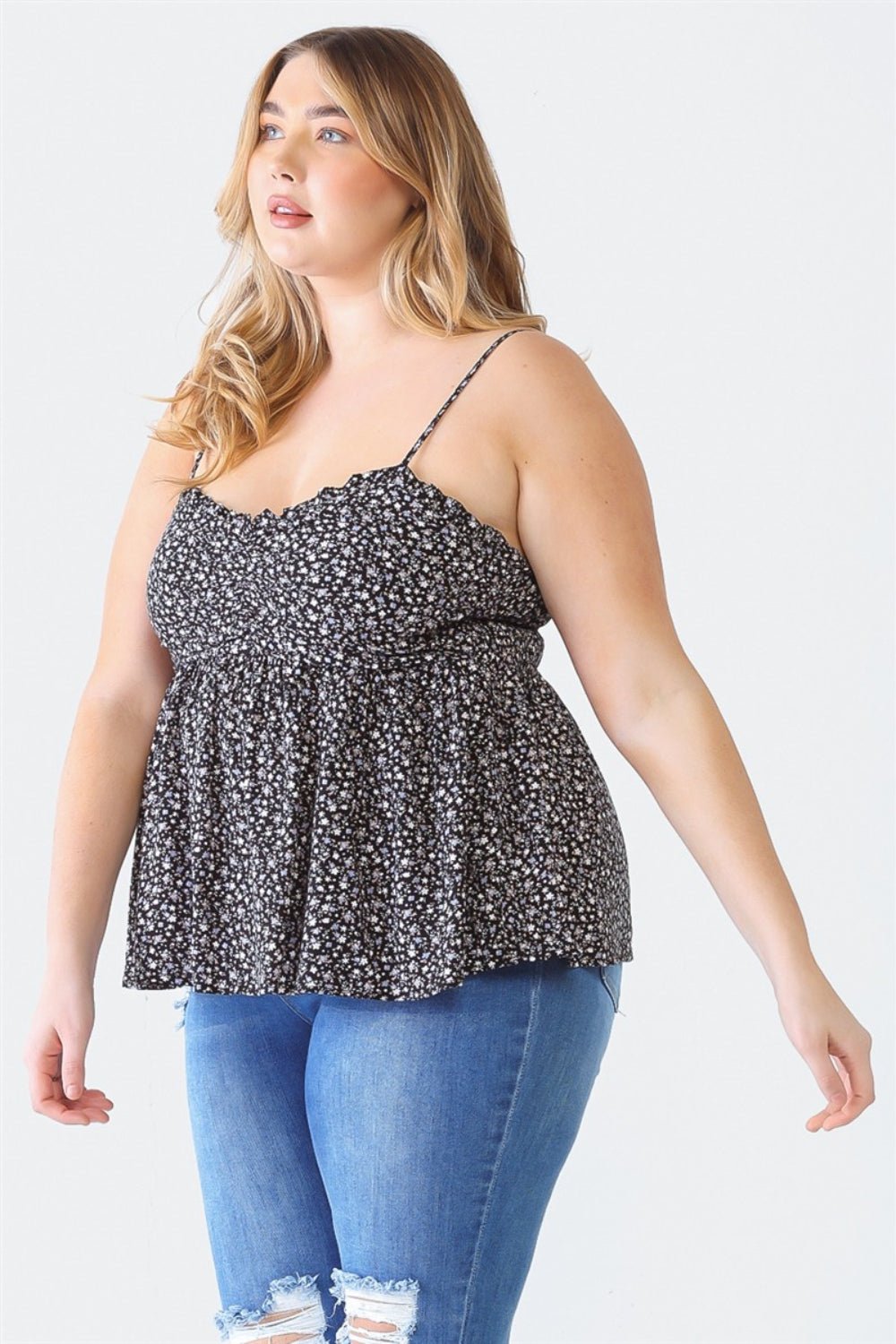 Zenobia Plus Size Frill Smocked Floral Sweetheart Neck Cami - Otter