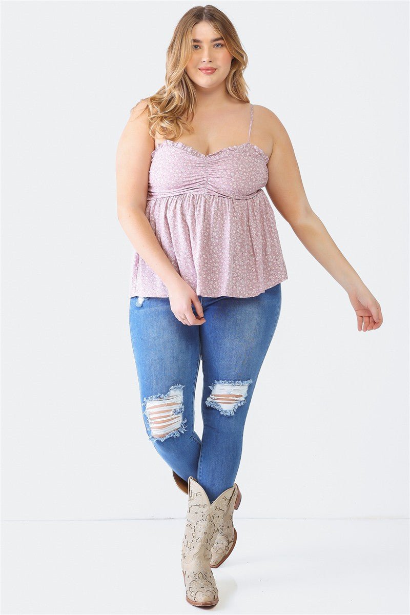 Zenobia Plus Size Frill Smocked Floral Sweetheart Neck Cami - Otter